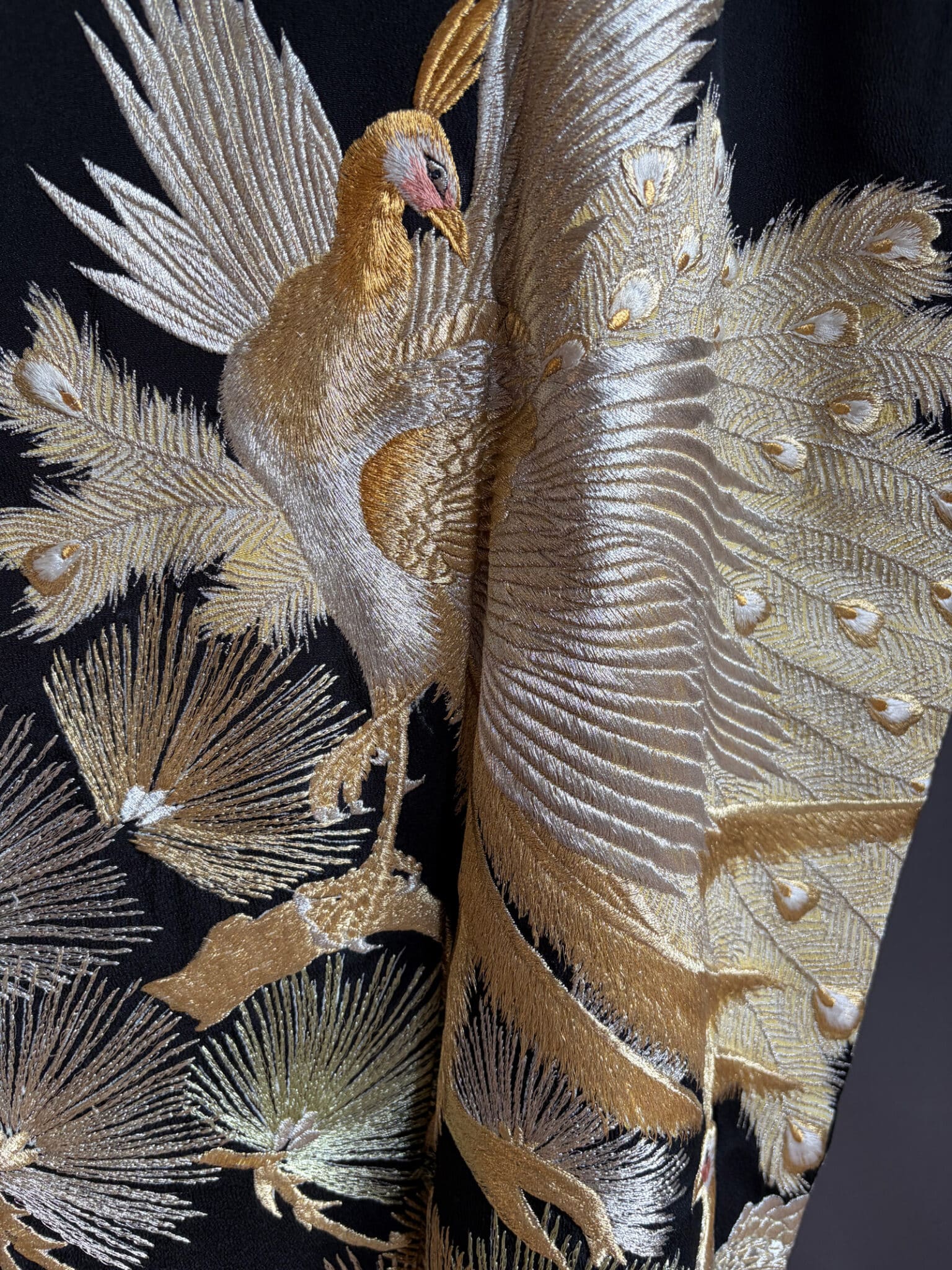 Vintage Kuro Tomesode silk kimono with golden peacock