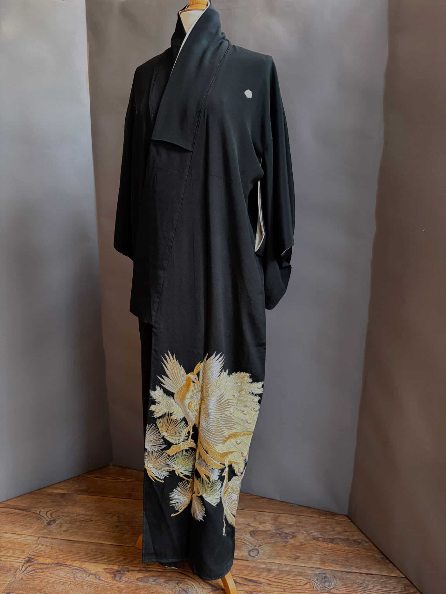 Vintage Kuro Tomesode silk kimono with golden phoenix natsukashii black phoenix embroidery netherlandskimono