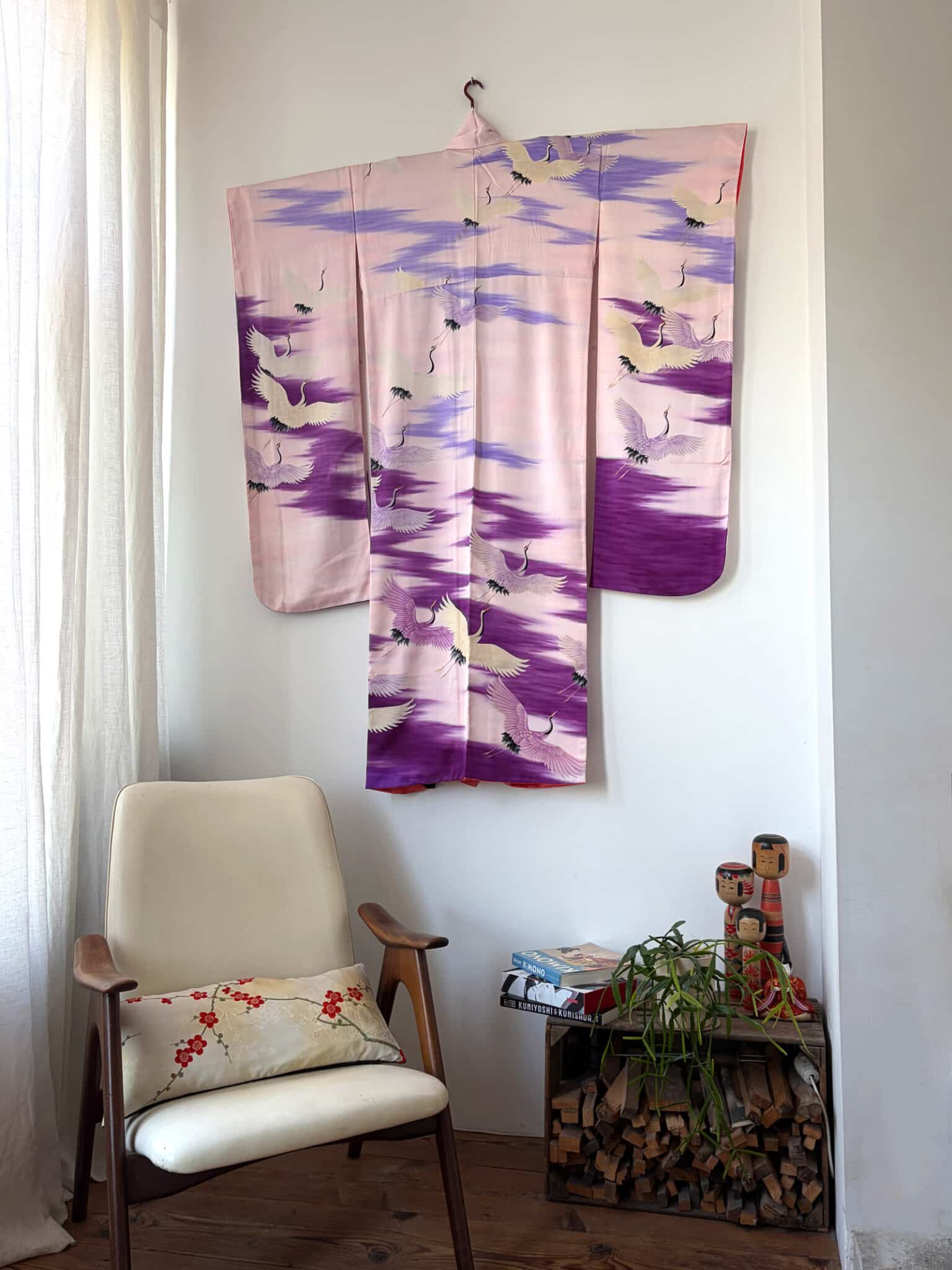 ASUKA – vintage silk Furisode Kimono with flying cranes
