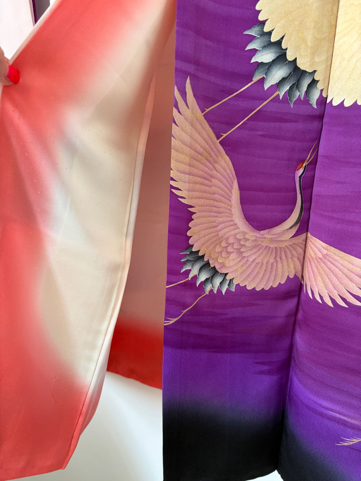 ASUKA - vintage silk Furisode Kimono with flying cranes natsukashii netherlandskimono