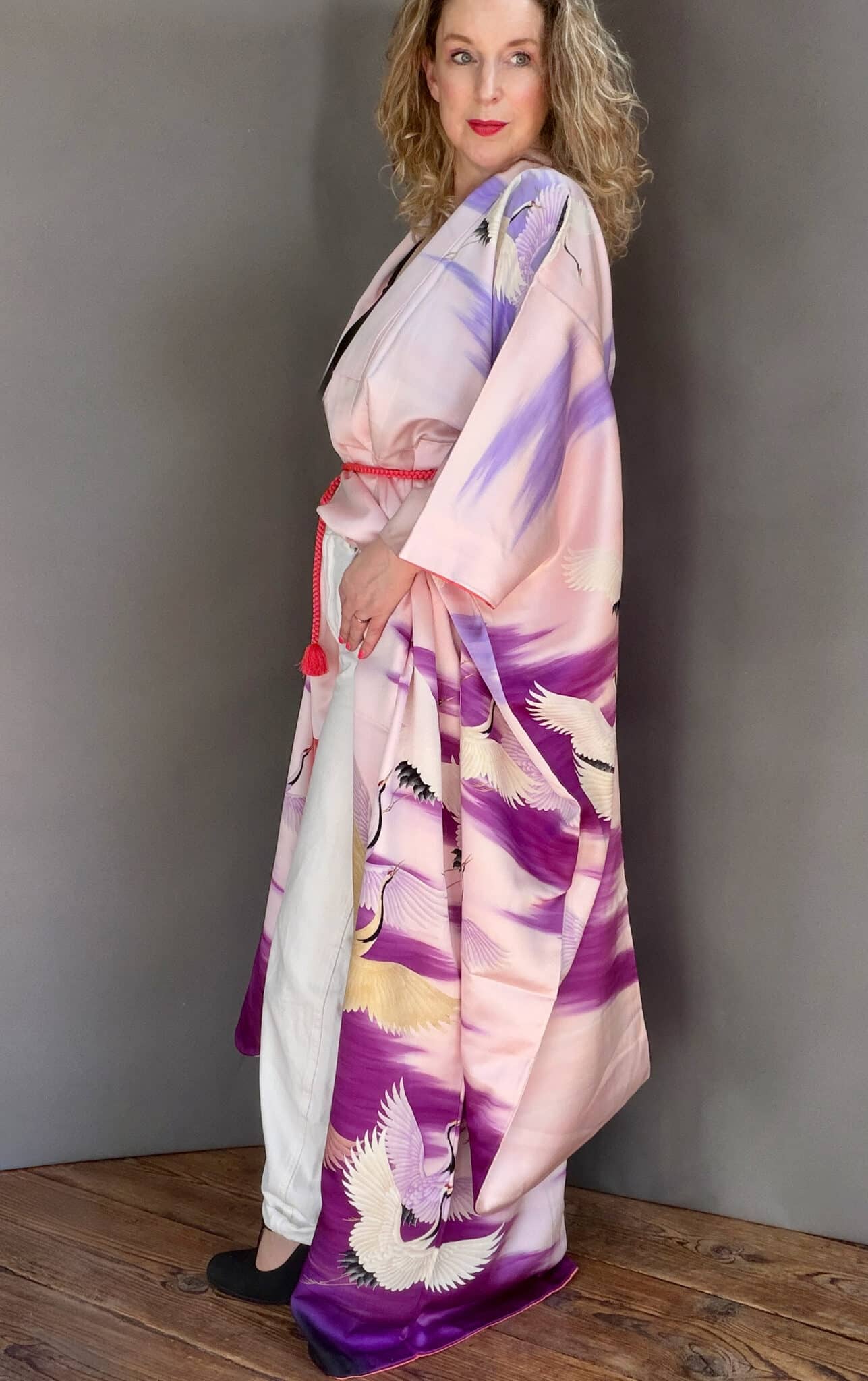 ASUKA - vintage silk Furisode Kimono with flying cranes natsukashii netherlandskimono
